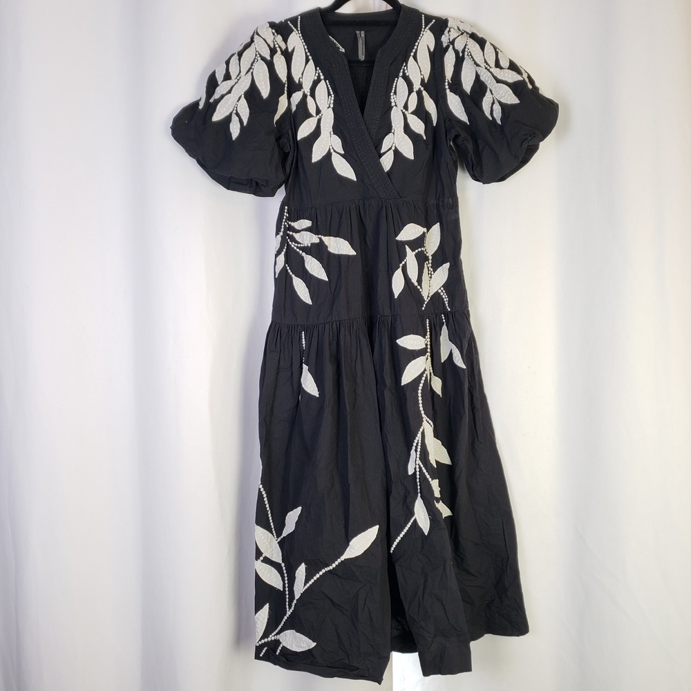 Anthropologie sz S Short Sleeve Black White Embroidered Leaf Midi Dress Smocked - Picture 2 of 8
